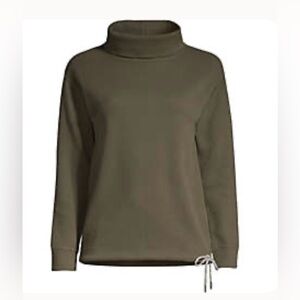 Petite long-sleeved waffle funnel neck top tunic length drawstring moss green